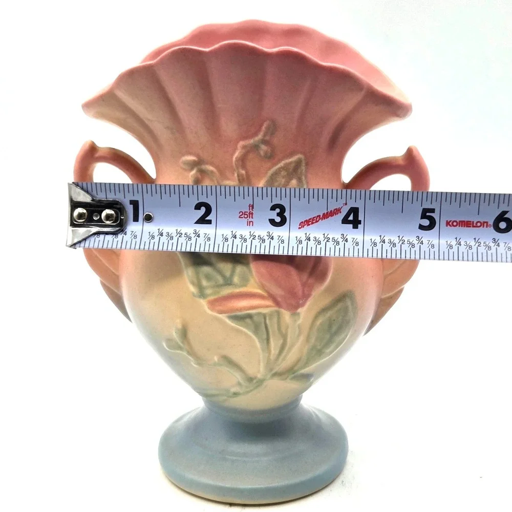 Hull Art Pottery Magnolia‎ Vase Double Handles Pink Yellow Blue  7